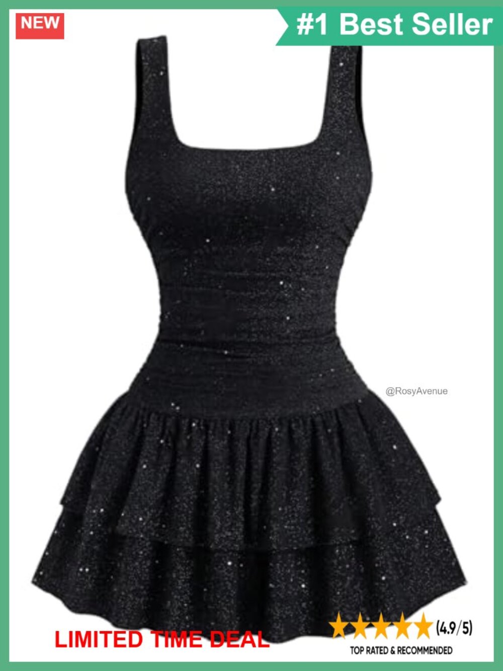 Sparkly Rhinestone Square Neck Ruched Ruffle Mini Tank Dress